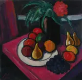 Still life with fruit and flowers on a tabletop Signed PCollis by Peter Collis, Oil on canvas, sold Dec 2024