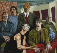 Figures in an interior wearing masks Signed and dated N by Nicholas Jolly, Oil on canvas, sold Dec 2024