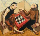 The Draft Players Signed and dated N Jolly 85 by Nicholas Jolly, Oil on canvas, offered Dec 2024