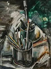 Tins with Brushes Signed by John Monks, Oil on canvas laid on board, sold Dec 2024