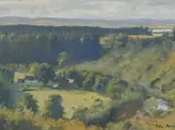 Landscape with a farmhouse in a valley Signed Julian Barrow by Julian Barrow, Oil on canvas, sold Dec 2024