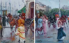 Elegant figures in a Parisian square by Juan Soler, oil on canvas, sold Dec 2024