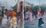 Elegant figures in a Parisian square by Juan Soler, oil on canvas, sold Dec 2024