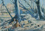 Figures resting under a tree Signed Knighton Hammond by Arthur Henry Knighton-Hammond, watercolour and bodycolour, sold Dec 2024