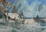 Cattle resting in a field Signed Knighton-Hammond by Arthur Henry Knighton-Hammond, watercolour, sold Dec 2024