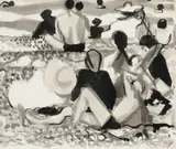 Figures on the beach Signed Garbell by Alexandre Garbell, Watercolour heightened with bodycolour, sold Dec 2024