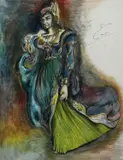 Costume design for Hamlet Inscribed Lady of the Court by Leslie Hurry, Pen and ink, watercolour, gouache and crayon, sold Dec 2024