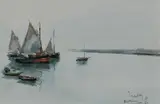 Fishing boats at Ouistreham Signed by Fernand Herbo, Pencil and watercolour, sold Dec 2024