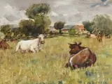 Cattle resting Signed JW Booth RCA by James William Booth, Watercolour heightened with white, sold Dec 2024