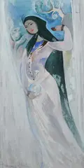 Portrait of a young woman holding a bottle and bowl by Sarkis Katchadourian, Pencil, watercolour and bodycolour, sold Dec 2024