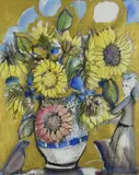 Sylvette with the Sun Flowers Signed Lydia Corbett by Lydia Corbett, Pen and black ink, watercolour, and gold pen, sold Dec 2024