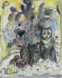 Hydrangea Cat Signed Lydia Corbett by Lydia Corbett, Pen and black ink, watercolour, and gold pen, sold Dec 2024