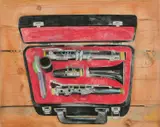 Still life with a clarinet in a case Signed and indistinctly dated S by Sophie Macpherson, Pencil and watercolour, sold Dec 2024