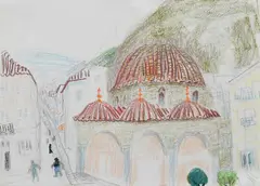 Figures outside a Greek Church Pastel by Winifred Nicholson, Pastel, sold Dec 2024