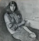 Stephanie holding a cup and saucer Signed and dated John Ward/ by John Stanton Ward, Charcoal and pastel, sold Dec 2024