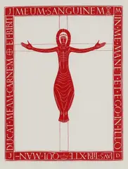 Crucifix Wood engraving in red ink by Eric Gill, Wood engraving in red ink, sold Dec 2024