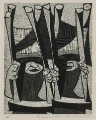 Chairs and Men Signed by Roderic Barrett, Woodcut, sold Dec 2024