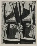 Chairs and Men Signed by Roderic Barrett, Woodcut, sold Dec 2024