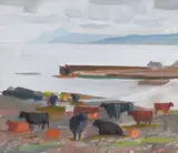 An Island Pier and Cattle by Rgi DLitt John Cunningham, oil on canvas, sold Apr 2014