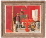 Self portrait in Turkish hat by Obe Rsa Rsw Rp Rgi Lld D Univ Alberto Morrocco, oil on board, sold Apr 2014