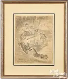 illustration of a young boy and girl picnicking with a dog chasing a cat by Frances Tipton Hunter, pencil, offered Jan 2026