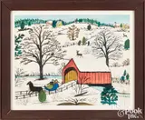 winter landscape with covered bridge by Hattie Klapp Brunner, watercolor and gouache, sold Jan 2026