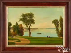 landscape with figures by a lake with assorted sailboats by Samuel W. Griggs, oil on canvas, sold Jan 2026