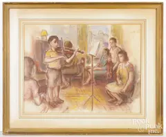 interior of a recital by Bernard Gussow, pastel, offered Dec 2025