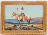 of a Native American Indian on horseback by Vern Parker, oil on artist board, sold Oct 2025