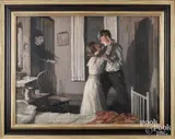 illustration interior with figures by Stanley Massey Arthurs, oil on canvas, sold Oct 2025