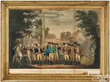 The British surrendering their Arms to Gen. Washington after their defeat at York Town in Virginia October by John Francis Renault, 1781, color engraving, sold Oct 2025