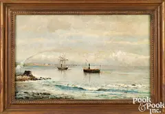 coastal scene with American ships watching a fireworks display by Edmund Darch Lewis, oil on canvas, sold Oct 2025