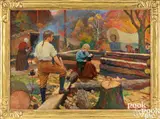 illustration of a colonial couple building a log cabin by Stanley Massey Arthurs, oil on canvas, sold Oct 2025