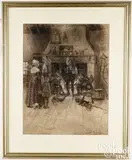 illustration of a family and colonial soldiers by a fireplace by Stanley Massey Arthurs, charcoal and chalk, sold Oct 2025