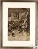 illustration colonial figures in a courtyard by Stanley Massey Arthurs, charcoal and chalk, sold Oct 2025