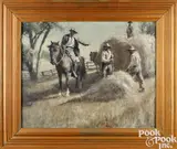 illustration of a man on horseback with field hands by Gayle Porter Hoskins, oil on canvas, sold Oct 2025
