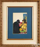 illustration of a man holding a gun to a seated Chinese man by Gayle Porter Hoskins, oil on board, sold Oct 2025