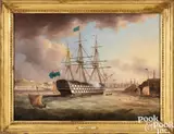 Three Decker Battleship Firing a Salute off Plymouth by Thomas Lyde Hornbrook, oil on canvas, sold Oct 2025