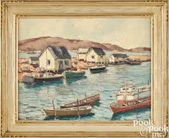 harbor scene by Walter Farndon, oil on board, sold Oct 2025