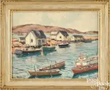 harbor scene by Walter Farndon, oil on board, sold Oct 2025