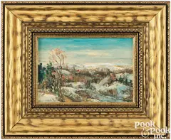 winter landscape by Walter Emerson Baum, oil on Masonite, sold Oct 2025
