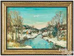 winter landscape with river by Walter Emerson Baum, oil on Masonite, sold Oct 2025