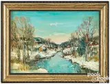 winter landscape with river by Walter Emerson Baum, oil on Masonite, sold Oct 2025