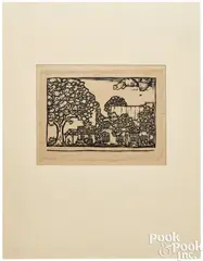 House and Tree by Wharton Esherick, 1923, wood engraving, sold Oct 2025