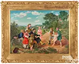landscape with the artist painting a young girl throwing a tantrum and surrounded by other children by Eugene S. Reeser, oil on canvas, sold Oct 2025