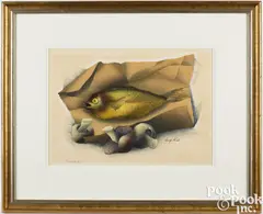 titled Smoked Fish by Luigi Rist, woodcut, sold Oct 2025