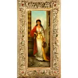 Untitled by Eugenie Salanson, Oil on canvas, 19th Century Orientalist style, depicting a woman with tambourine, sold Sep 2022