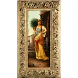 Untitled by Eugenie Salanson, Oil on canvas, 19th Century Orientalist style, depicting a woman with a peacock, sold Sep 2022