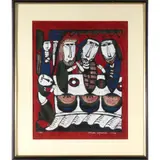 Abraham Entertaining the Three Angels, 1968Color woodblock print on Red textured paper, signed and dated in white by Sadao Watanabe, ink and, sold Jul 2022