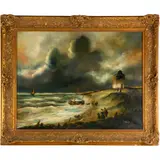 Untitled by Adrianus Selhorst, Oil on canvas. Depicting a Gothic scene with onlookers watching a boat unloading, sold May 2022